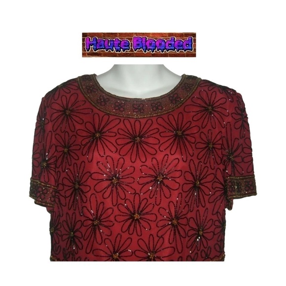 Vintage Adrianna Papell Boutique Red Silk Blouse Beaded Floral Flapper 20's VTG - Picture 8 of 11